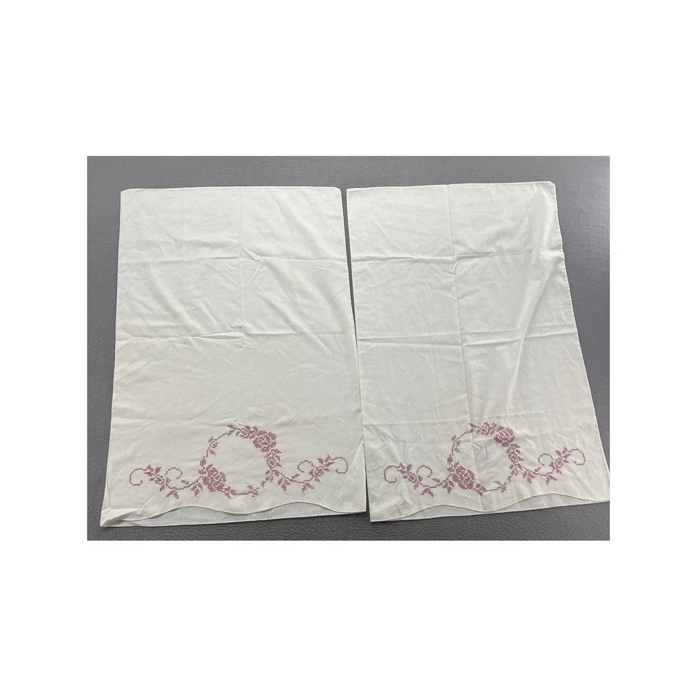 Vintage Hand Embroidered Cross Stitch Linen Pillowcase Set 2 Mauve Floral White
